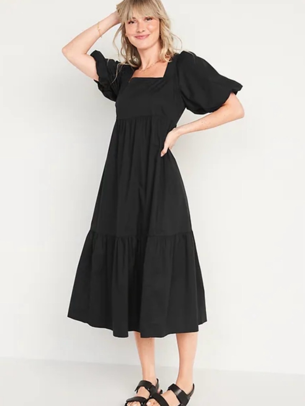 Old Navy Black Puff Sleeve Square Neck Tiered Midi Dress M